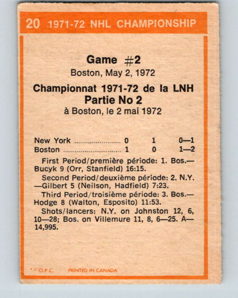 1972-73 O-Pee-Chee #20 Playoff Game 2 Boston Bruins/New York Rangers V3254