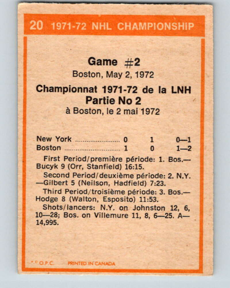 1972-73 O-Pee-Chee #20 Playoff Game 2 Boston Bruins/New York Rangers V3256