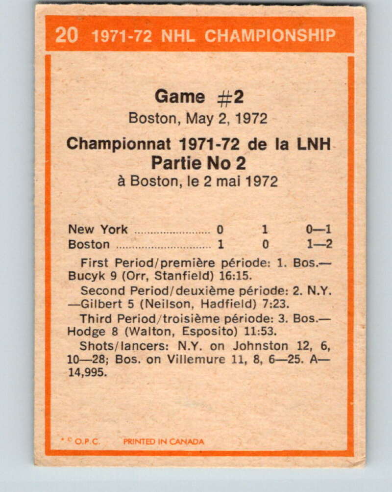 1972-73 O-Pee-Chee #20 Playoff Game 2 Boston Bruins/New York Rangers V3257