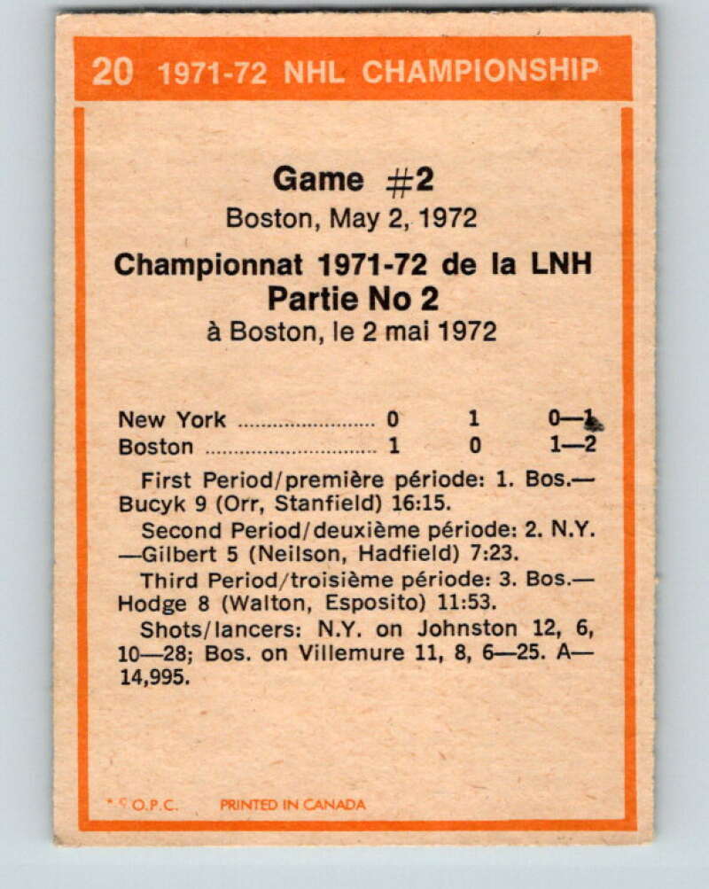1972-73 O-Pee-Chee #20 Playoff Game 2 Boston Bruins/New York Rangers V3258