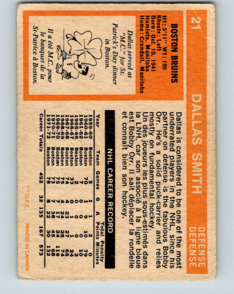 1972-73 O-Pee-Chee #21 Dallas Smith Boston Bruins V3259
