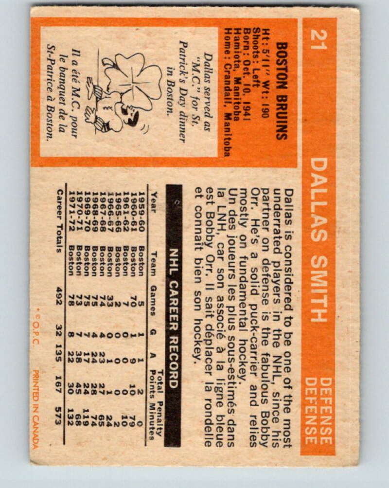 1972-73 O-Pee-Chee #21 Dallas Smith Boston Bruins V3262