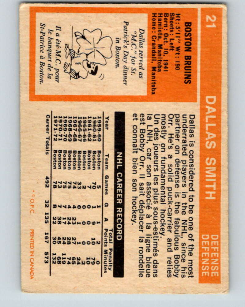 1972-73 O-Pee-Chee #21 Dallas Smith Boston Bruins V3263
