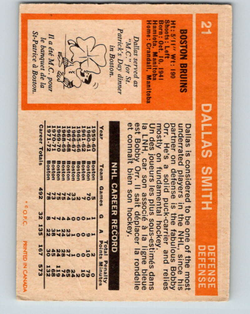 1972-73 O-Pee-Chee #21 Dallas Smith Boston Bruins V3264