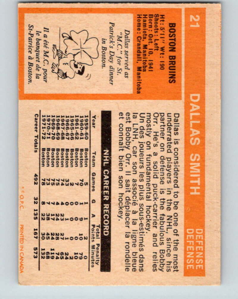 1972-73 O-Pee-Chee #21 Dallas Smith Boston Bruins V3265