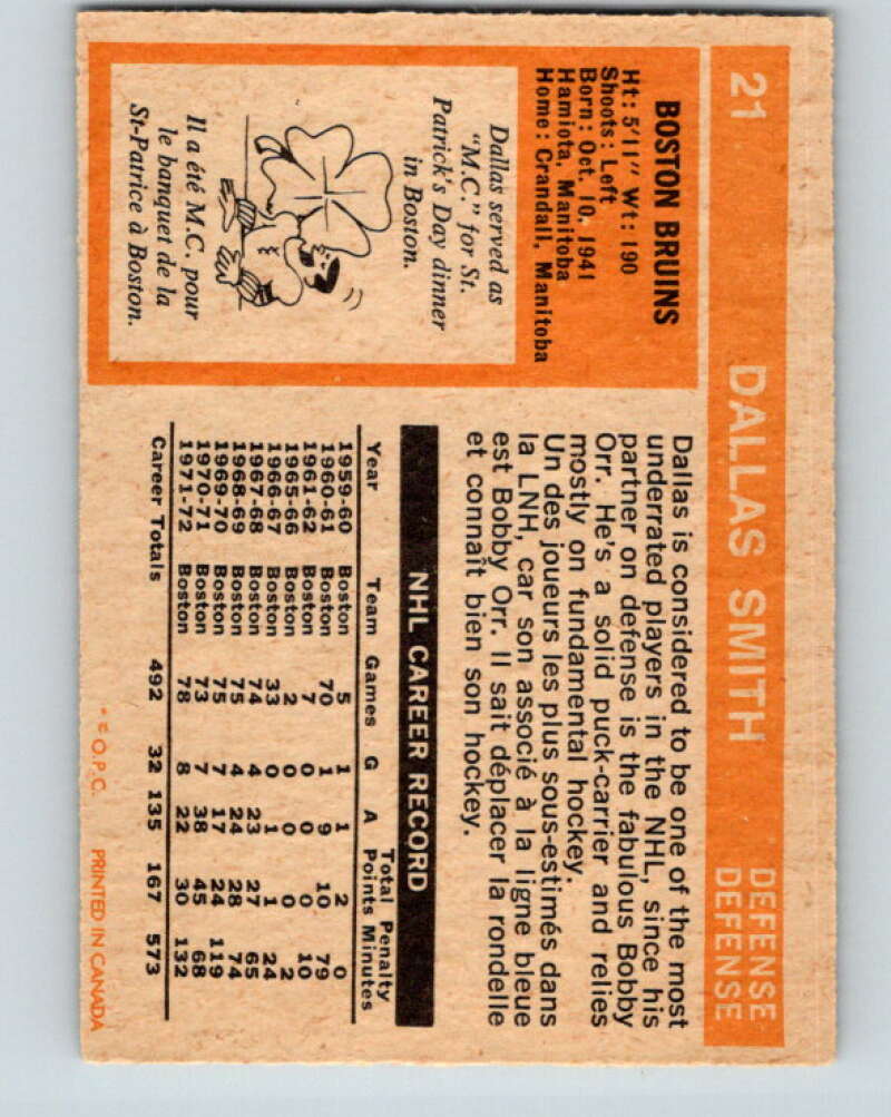 1972-73 O-Pee-Chee #21 Dallas Smith Boston Bruins V3266