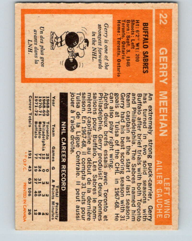 1972-73 O-Pee-Chee #22 Gerry Meehan Buffalo Sabres V3267