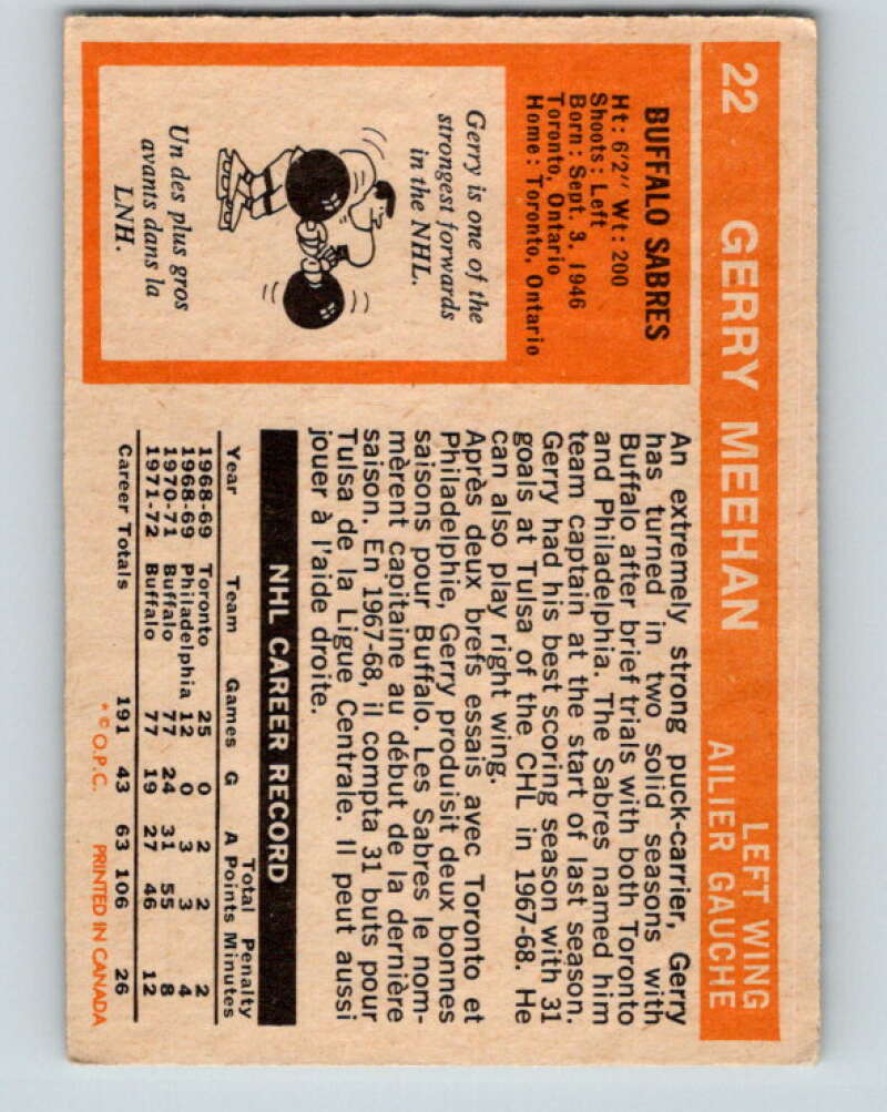 1972-73 O-Pee-Chee #22 Gerry Meehan Buffalo Sabres V3268