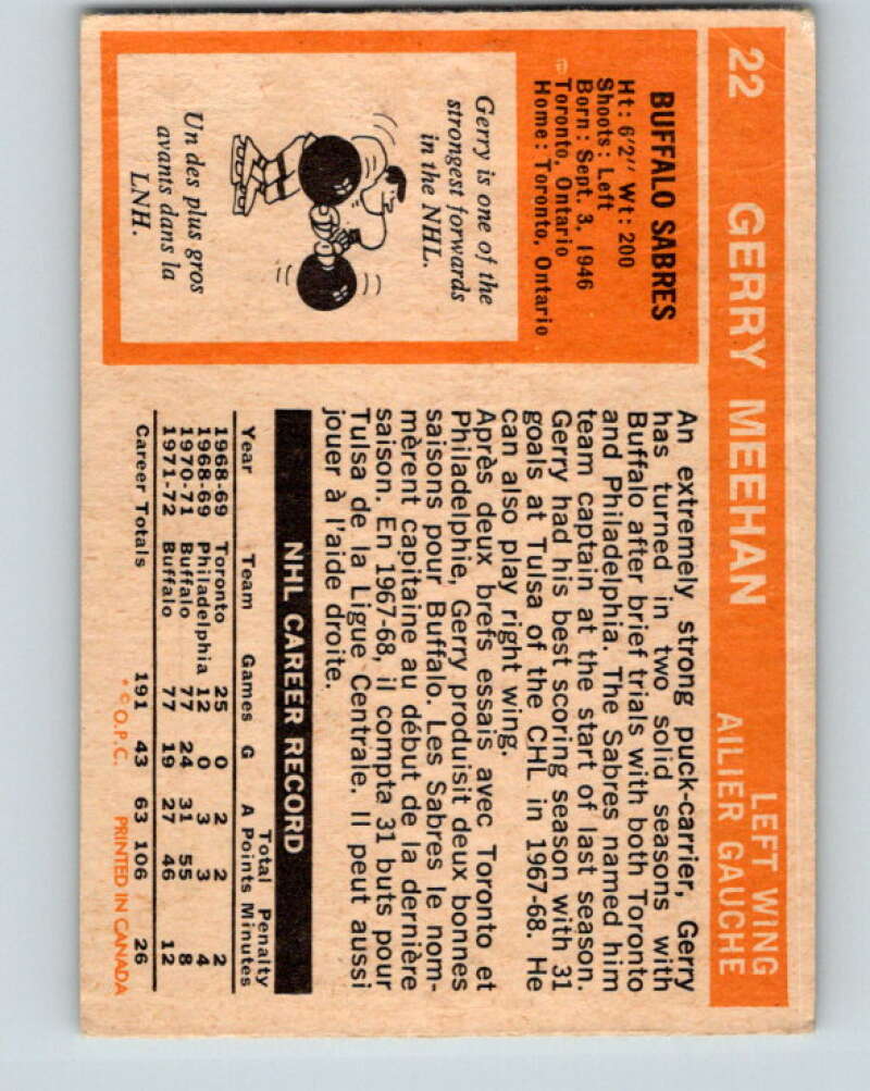 1972-73 O-Pee-Chee #22 Gerry Meehan Buffalo Sabres V3269