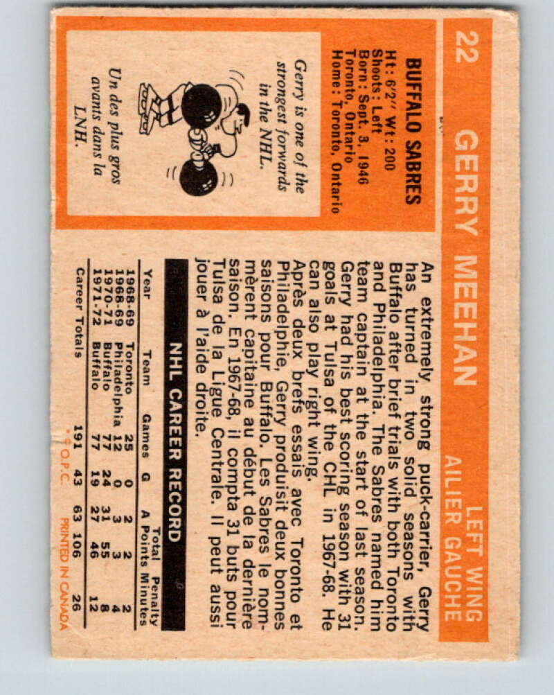 1972-73 O-Pee-Chee #22 Gerry Meehan Buffalo Sabres V3270