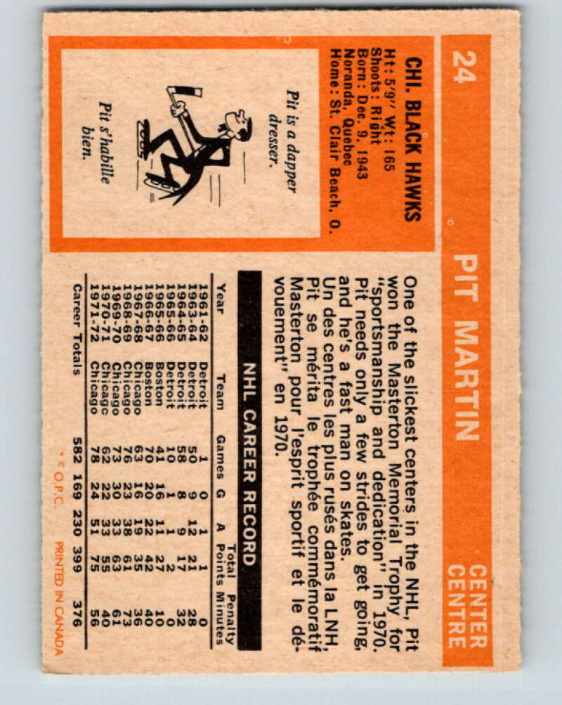 1972-73 O-Pee-Chee #24 Pit Martin Chicago Blackhawks V3276