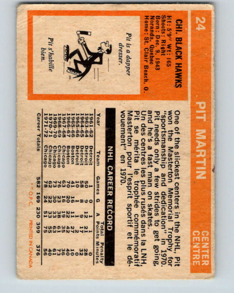 1972-73 O-Pee-Chee #24 Pit Martin Chicago Blackhawks V3277