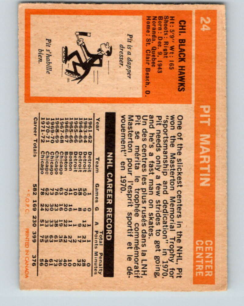 1972-73 O-Pee-Chee #24 Pit Martin Chicago Blackhawks V3278