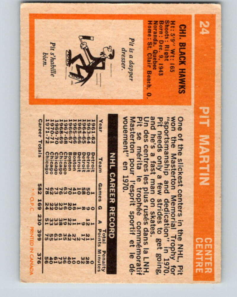 1972-73 O-Pee-Chee #24 Pit Martin Chicago Blackhawks V3279
