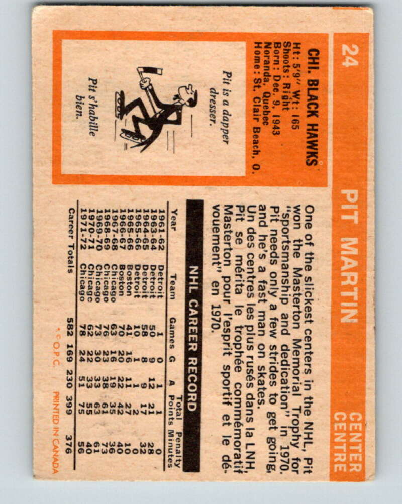 1972-73 O-Pee-Chee #24 Pit Martin Chicago Blackhawks V3281