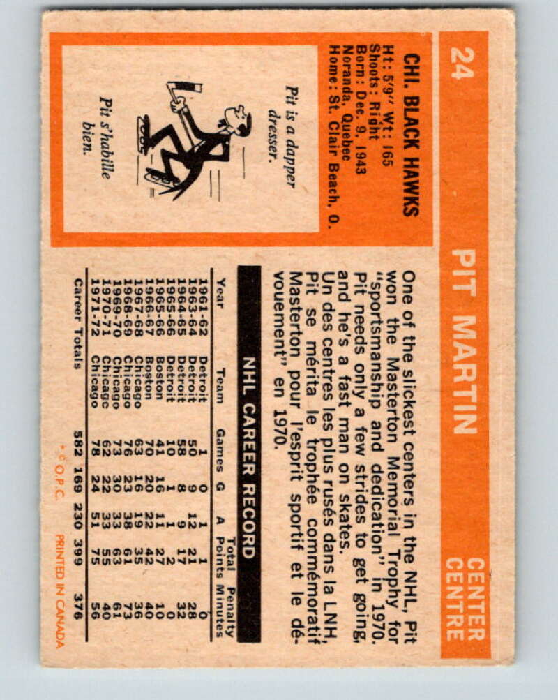 1972-73 O-Pee-Chee #24 Pit Martin Chicago Blackhawks V3282