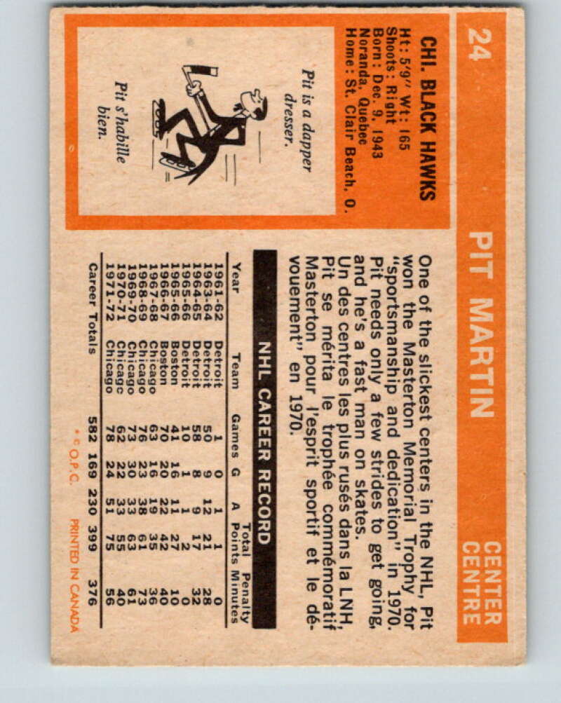1972-73 O-Pee-Chee #24 Pit Martin Chicago Blackhawks V3283