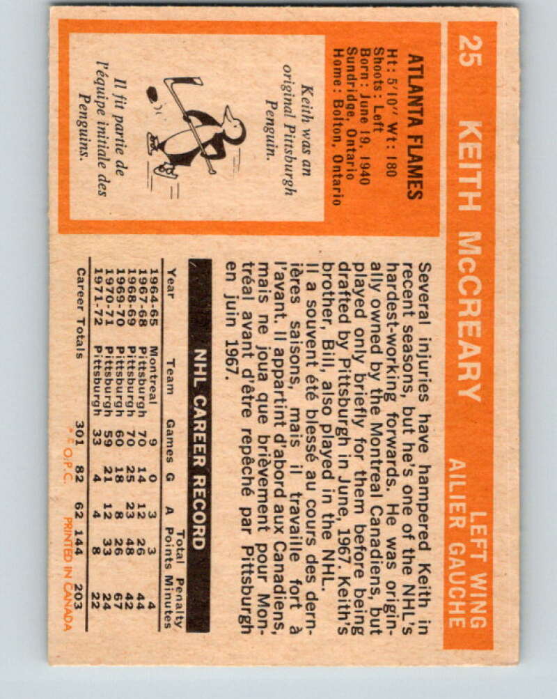 1972-73 O-Pee-Chee #25 Keith McCreary Atlanta Flames V3284