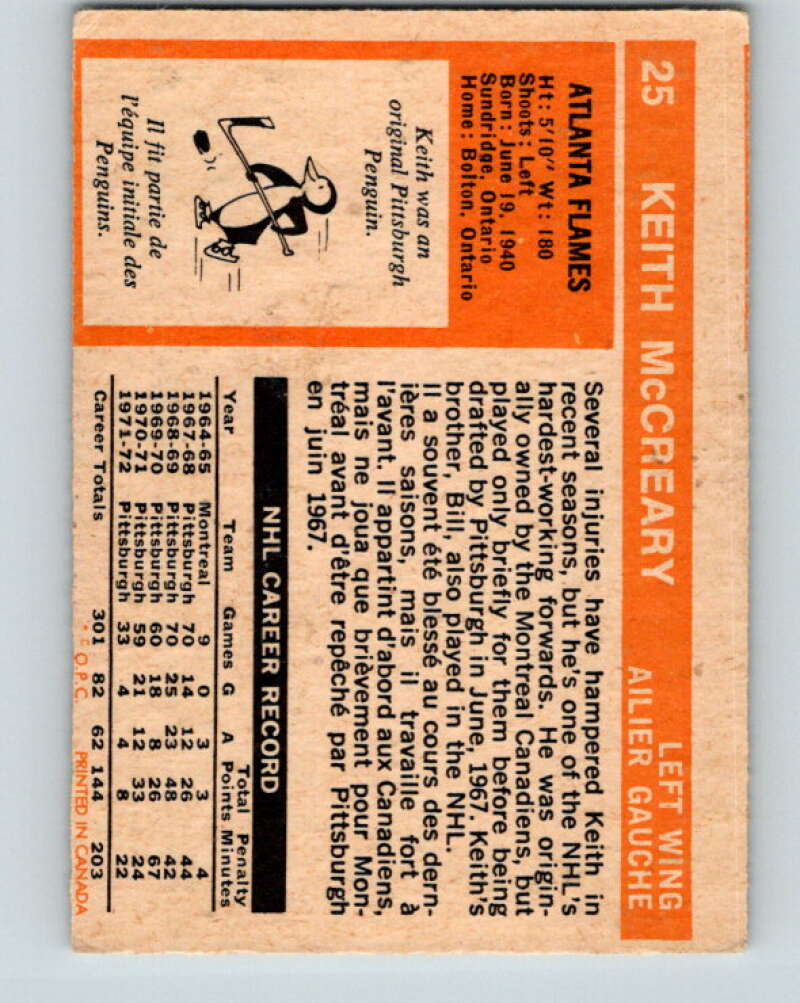 1972-73 O-Pee-Chee #25 Keith McCreary Atlanta Flames V3291