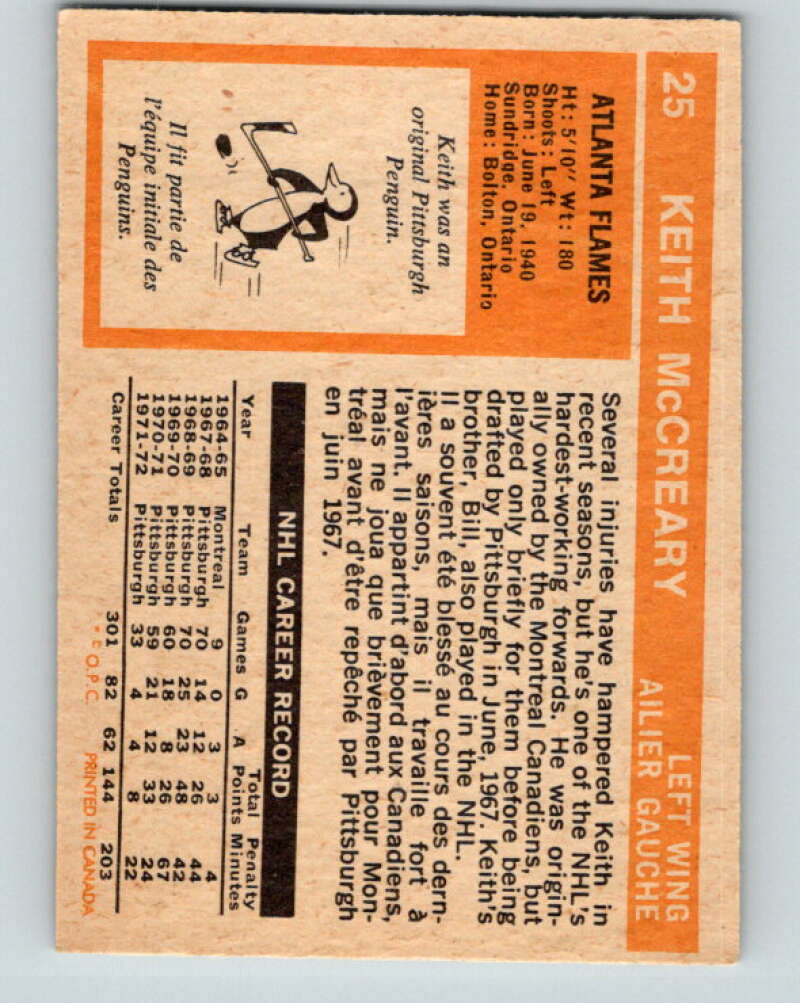 1972-73 O-Pee-Chee #25 Keith McCreary Atlanta Flames V3293