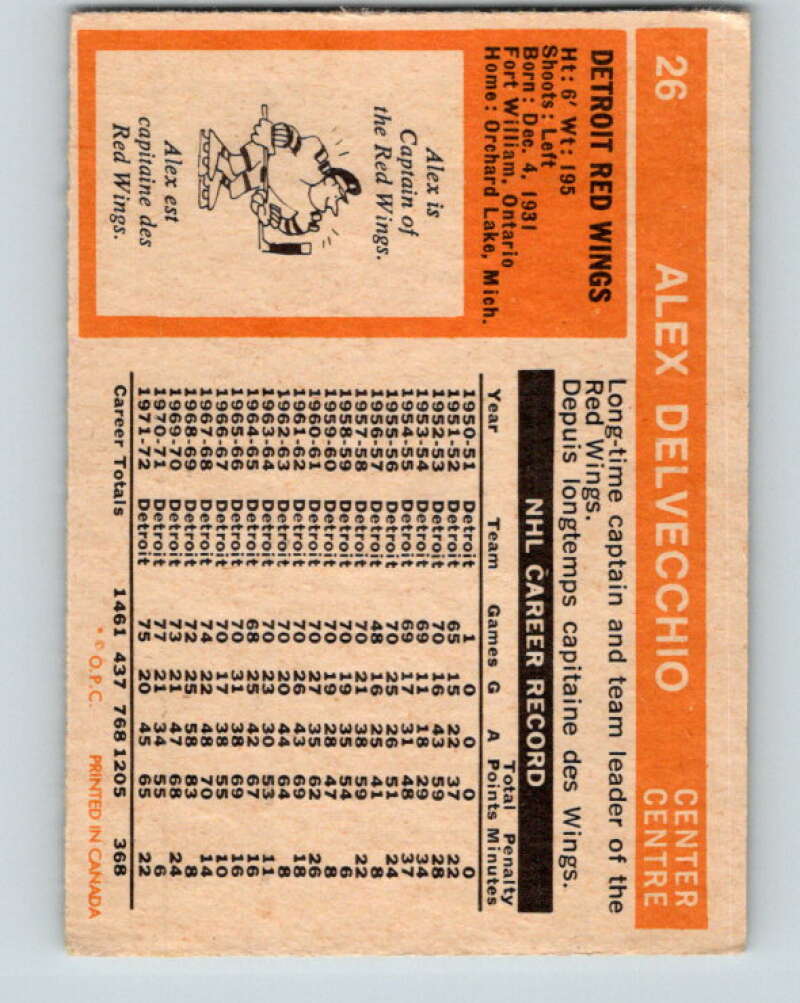 1972-73 O-Pee-Chee #26 Alex Delvecchio Detroit Red Wings V3294