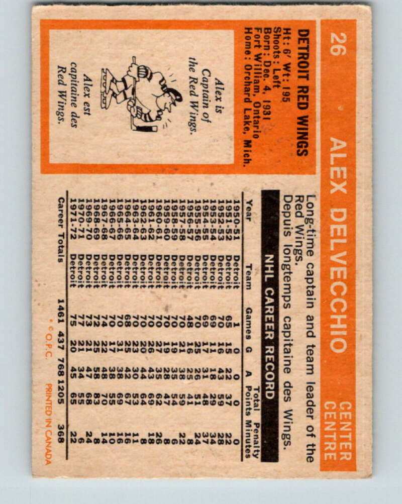 1972-73 O-Pee-Chee #26 Alex Delvecchio Detroit Red Wings V3295