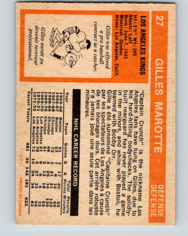 1972-73 O-Pee-Chee #27 Gilles Marotte Los Angeles Kings V3300