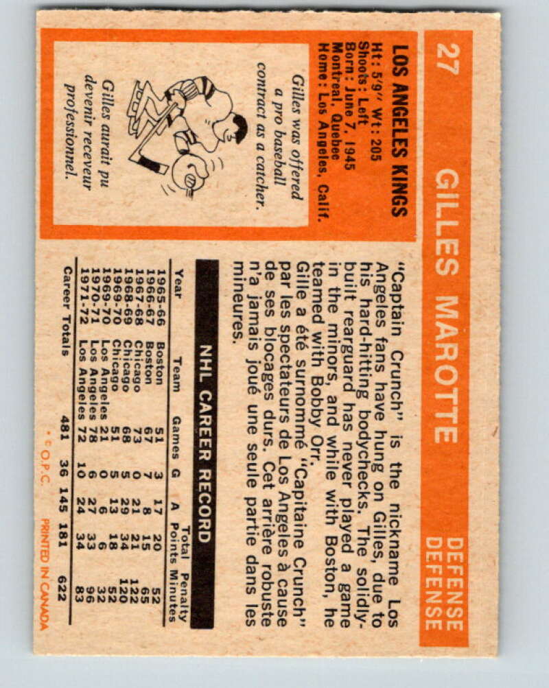 1972-73 O-Pee-Chee #27 Gilles Marotte Los Angeles Kings V3302