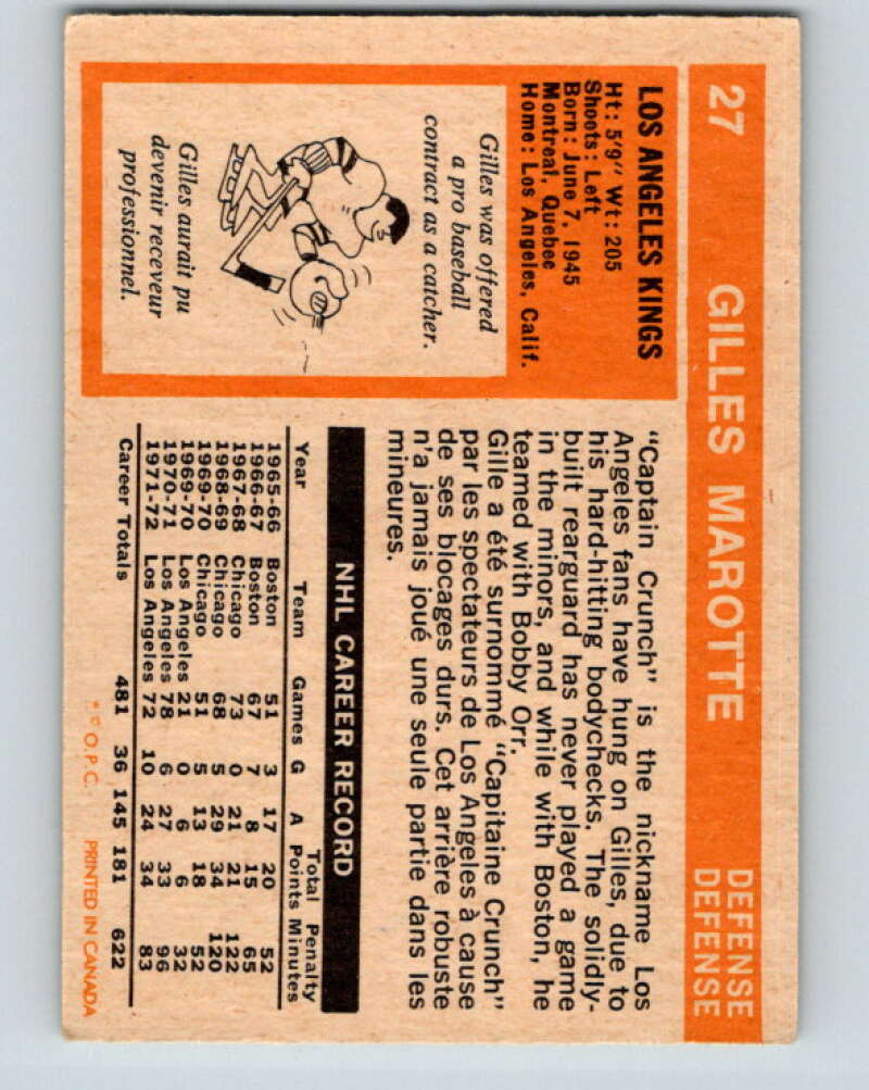 1972-73 O-Pee-Chee #27 Gilles Marotte Los Angeles Kings V3303