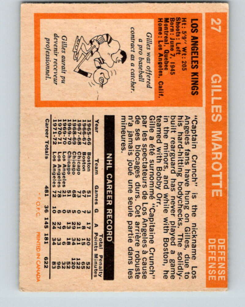 1972-73 O-Pee-Chee #27 Gilles Marotte Los Angeles Kings V3304