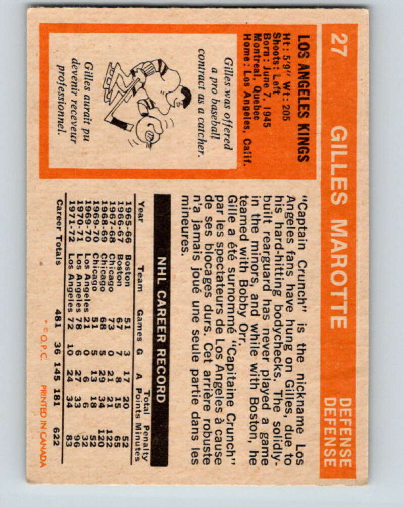 1972-73 O-Pee-Chee #27 Gilles Marotte Los Angeles Kings V3305