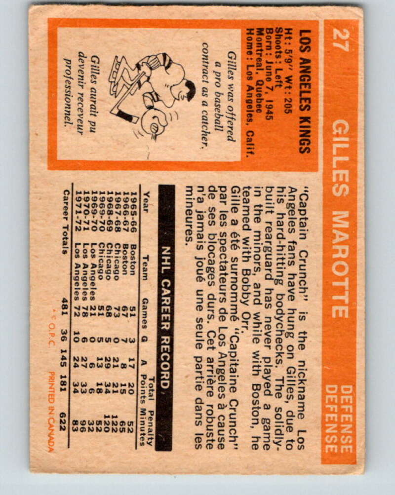 1972-73 O-Pee-Chee #27 Gilles Marotte Los Angeles Kings V3306