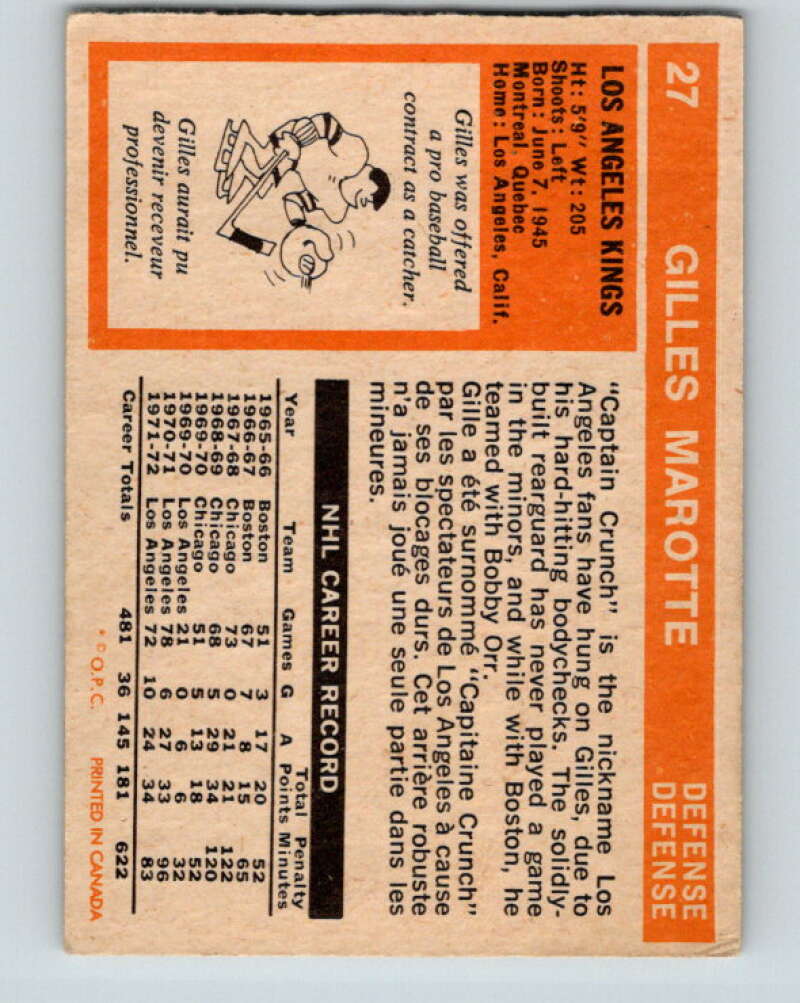 1972-73 O-Pee-Chee #27 Gilles Marotte Los Angeles Kings V3307