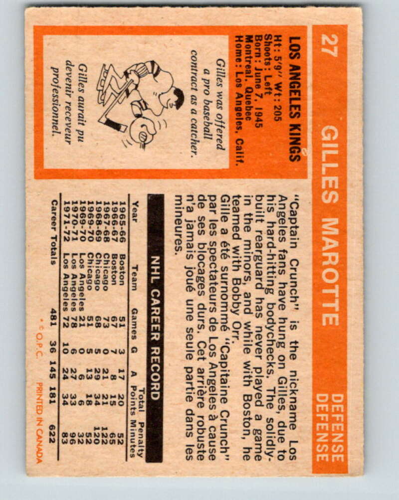1972-73 O-Pee-Chee #27 Gilles Marotte Los Angeles Kings V3308