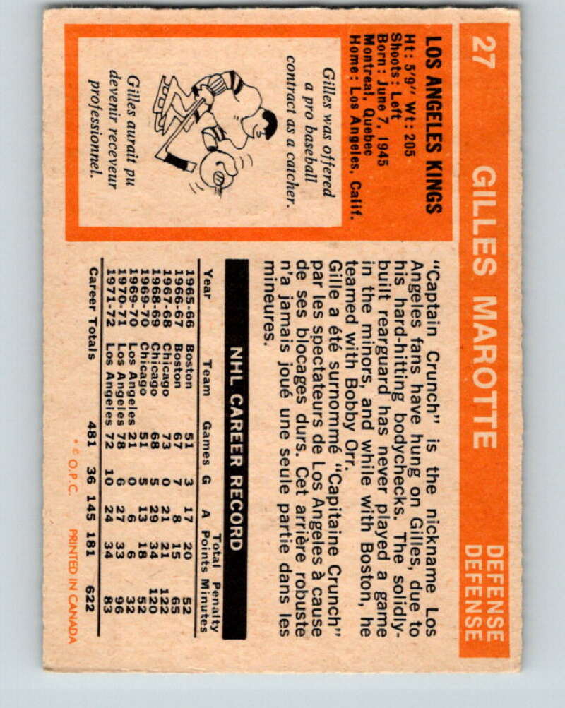 1972-73 O-Pee-Chee #27 Gilles Marotte Los Angeles Kings V3309
