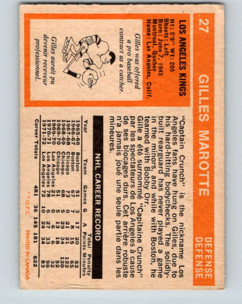 1972-73 O-Pee-Chee #27 Gilles Marotte Los Angeles Kings V3310