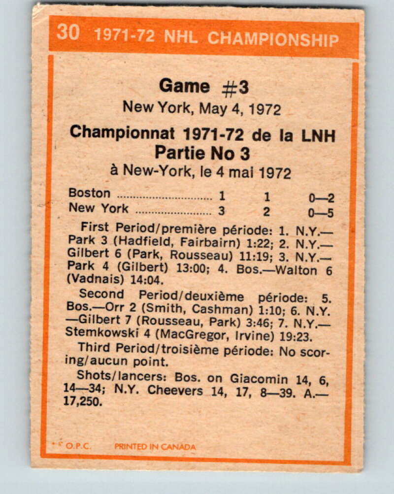 1972-73 O-Pee-Chee #30 Playoff Game 3 New York Rangers/Boston Bruins V3319