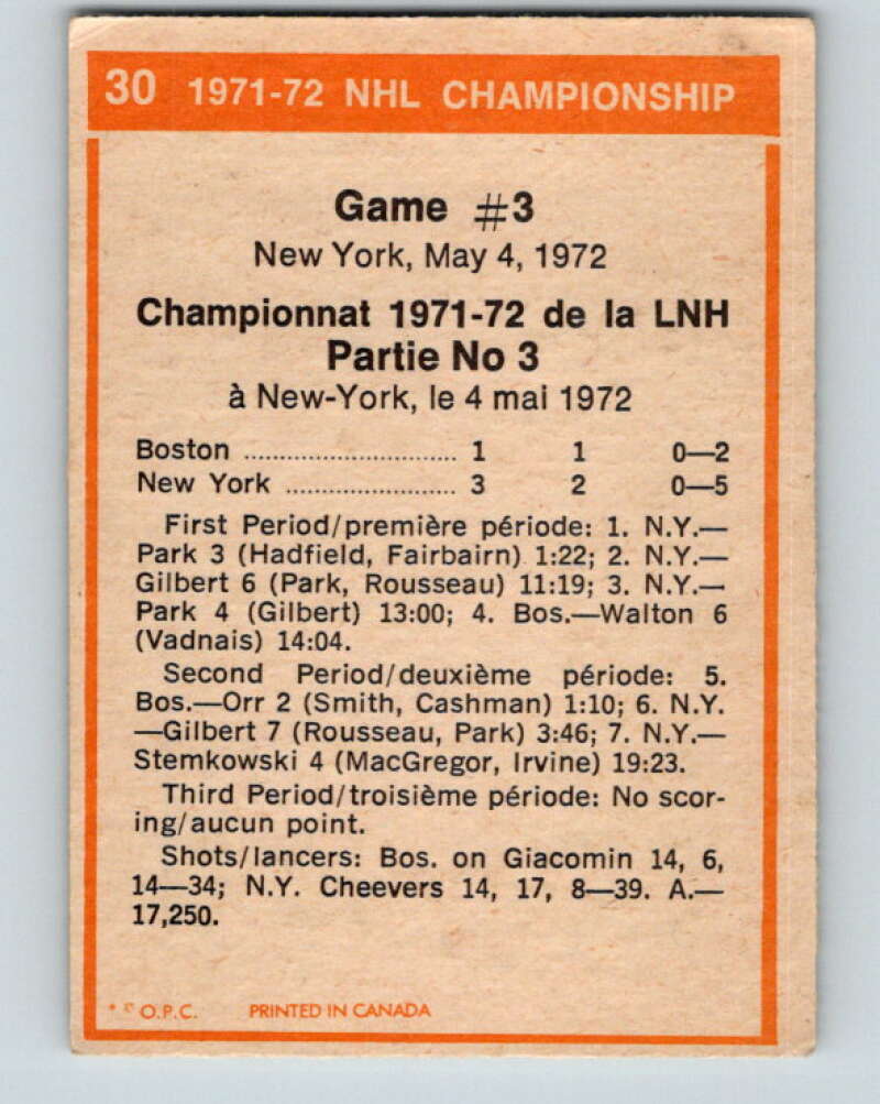 1972-73 O-Pee-Chee #30 Playoff Game 3 New York Rangers/Boston Bruins V3320
