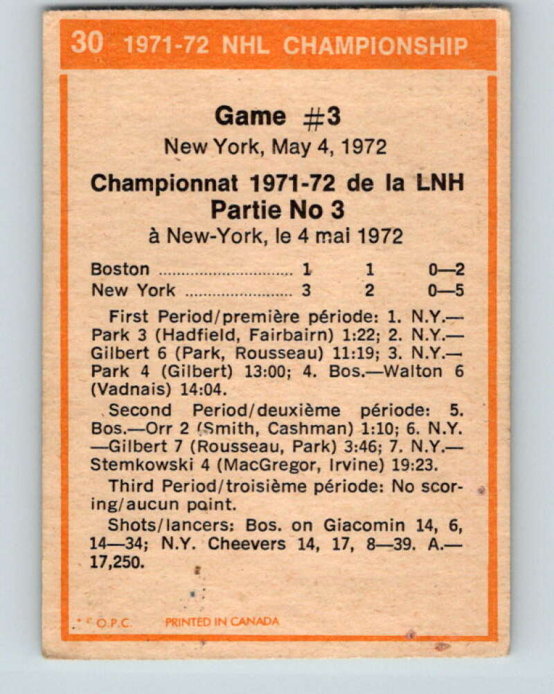 1972-73 O-Pee-Chee #30 Playoff Game 3 New York Rangers/Boston Bruins V3321