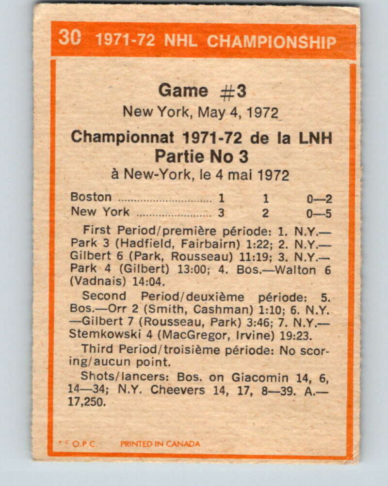 1972-73 O-Pee-Chee #30 Playoff Game 3 New York Rangers/Boston Bruins V3322