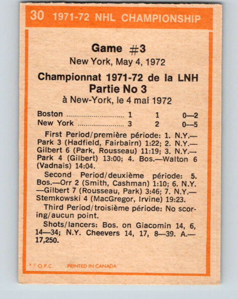 1972-73 O-Pee-Chee #30 Playoff Game 3 New York Rangers/Boston Bruins V3323