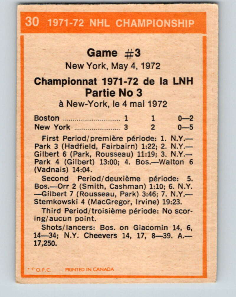 1972-73 O-Pee-Chee #30 Playoff Game 3 New York Rangers/Boston Bruins V3324