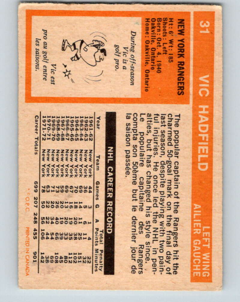 1972-73 O-Pee-Chee #31 Vic Hadfield New York Rangers V3325