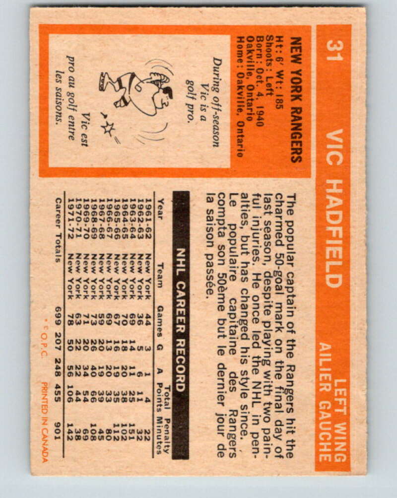 1972-73 O-Pee-Chee #31 Vic Hadfield New York Rangers V3328