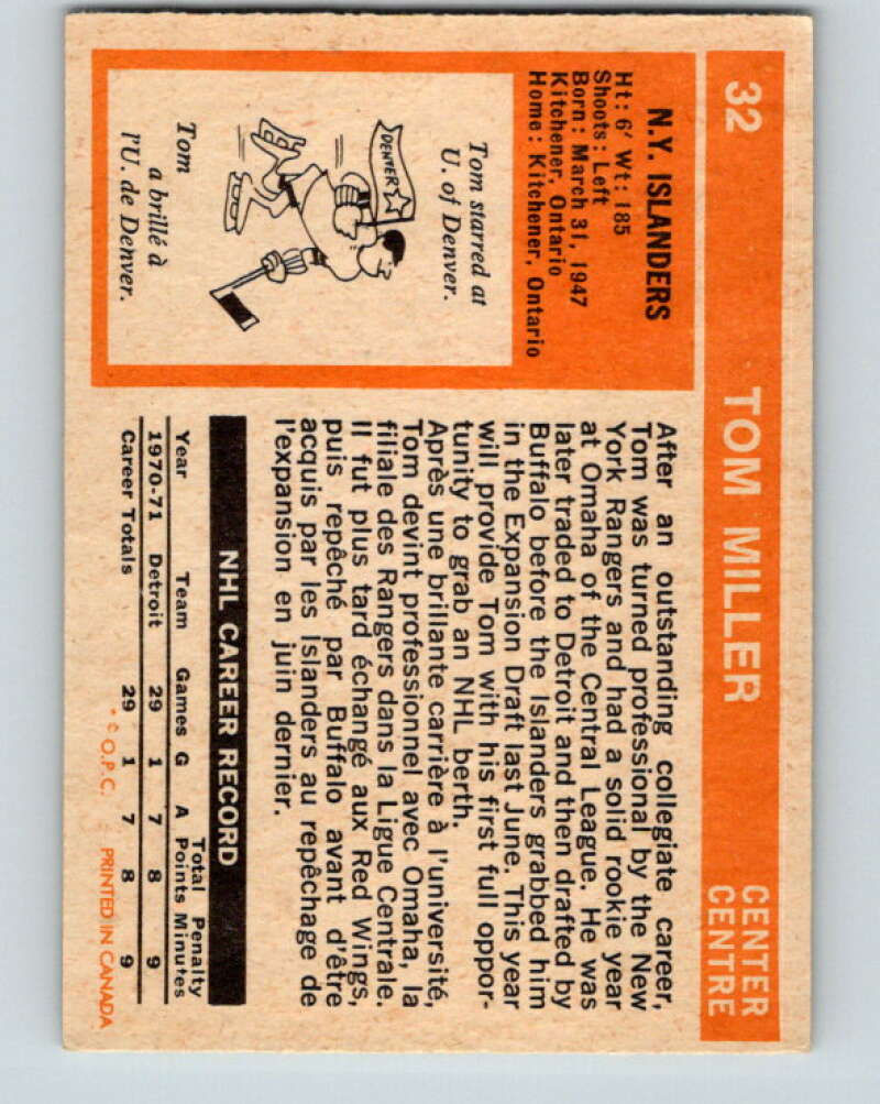 1972-73 O-Pee-Chee #32 Tom Miller RC Rookie New York Islanders V3333