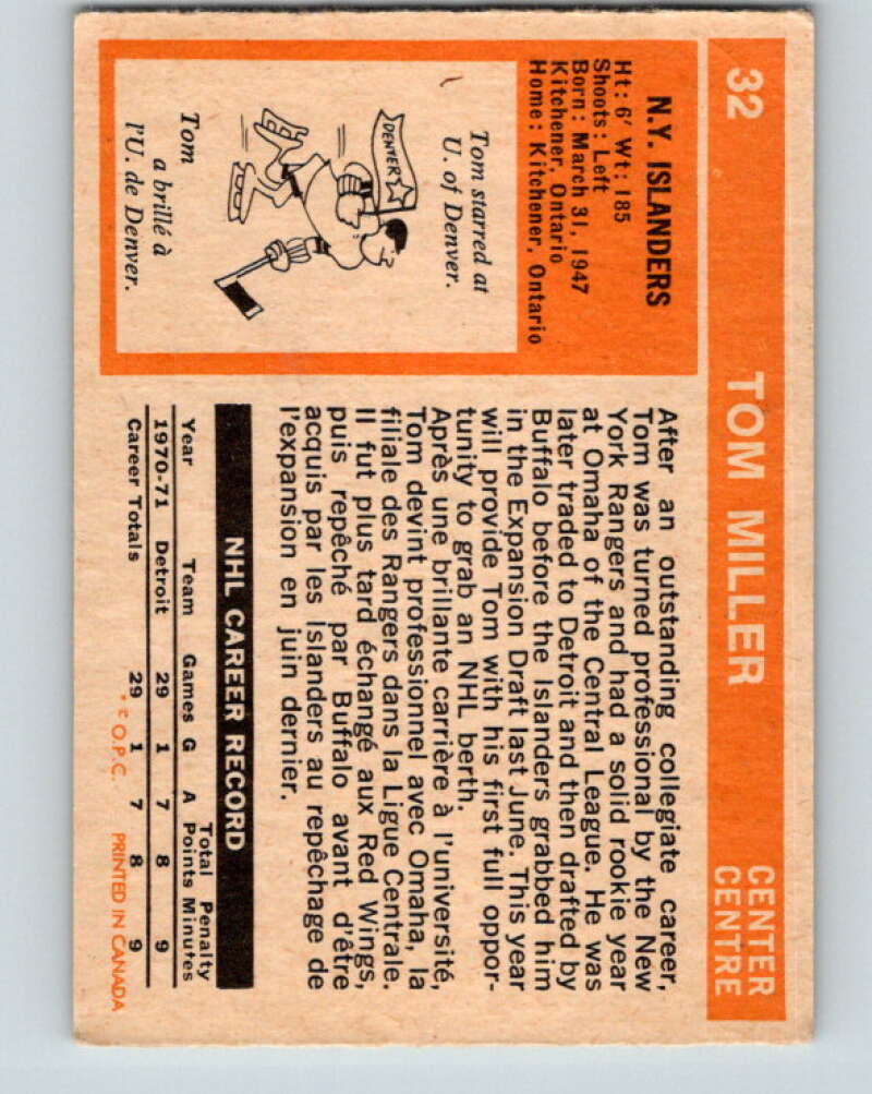 1972-73 O-Pee-Chee #32 Tom Miller RC Rookie New York Islanders V3334