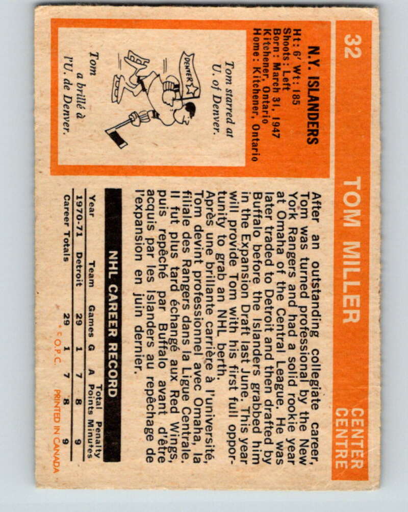 1972-73 O-Pee-Chee #32 Tom Miller RC Rookie New York Islanders V3336