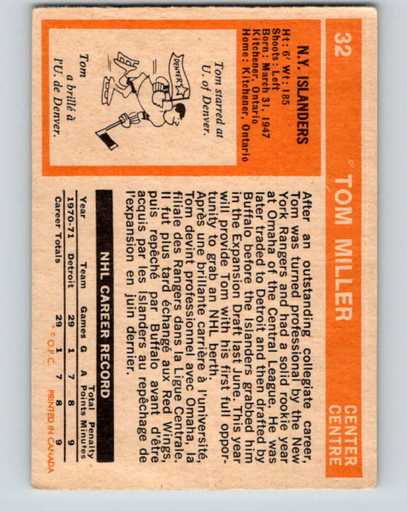 1972-73 O-Pee-Chee #32 Tom Miller RC Rookie New York Islanders V3337