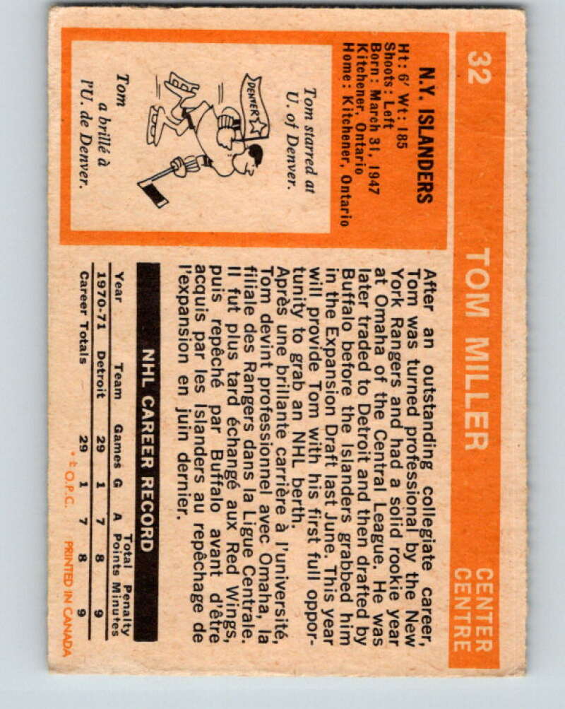 1972-73 O-Pee-Chee #32 Tom Miller RC Rookie New York Islanders V3338