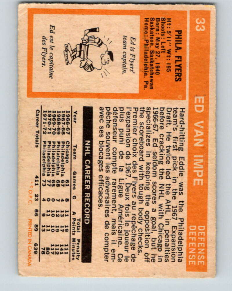 1972-73 O-Pee-Chee #33 Ed Van Impe Philadelphia Flyers V3339